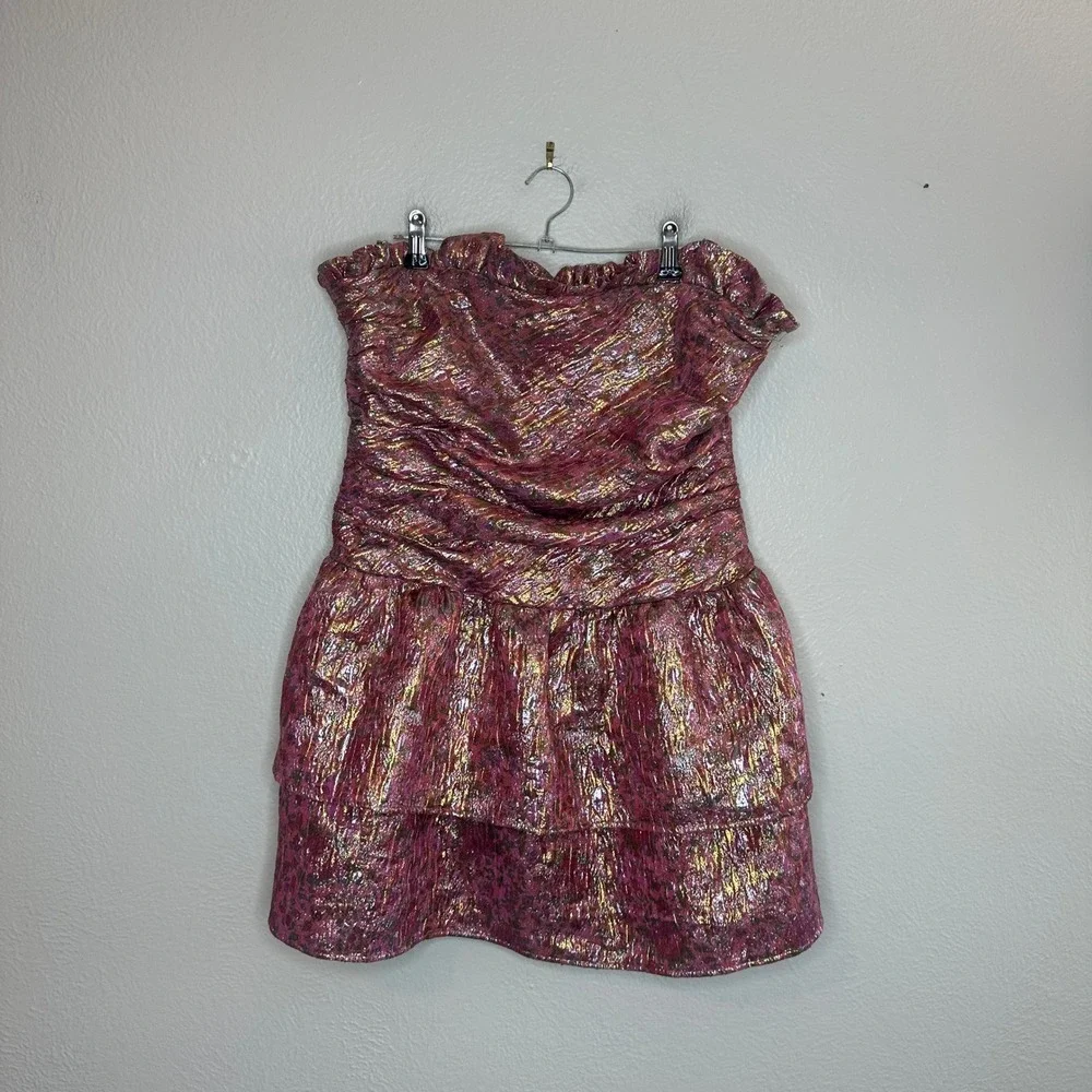 LOVESHACKFANCY Acelin Dress Pink Gold Metallic Jacquard Strapless Ruched Mini 10 - Picture 4 of 11